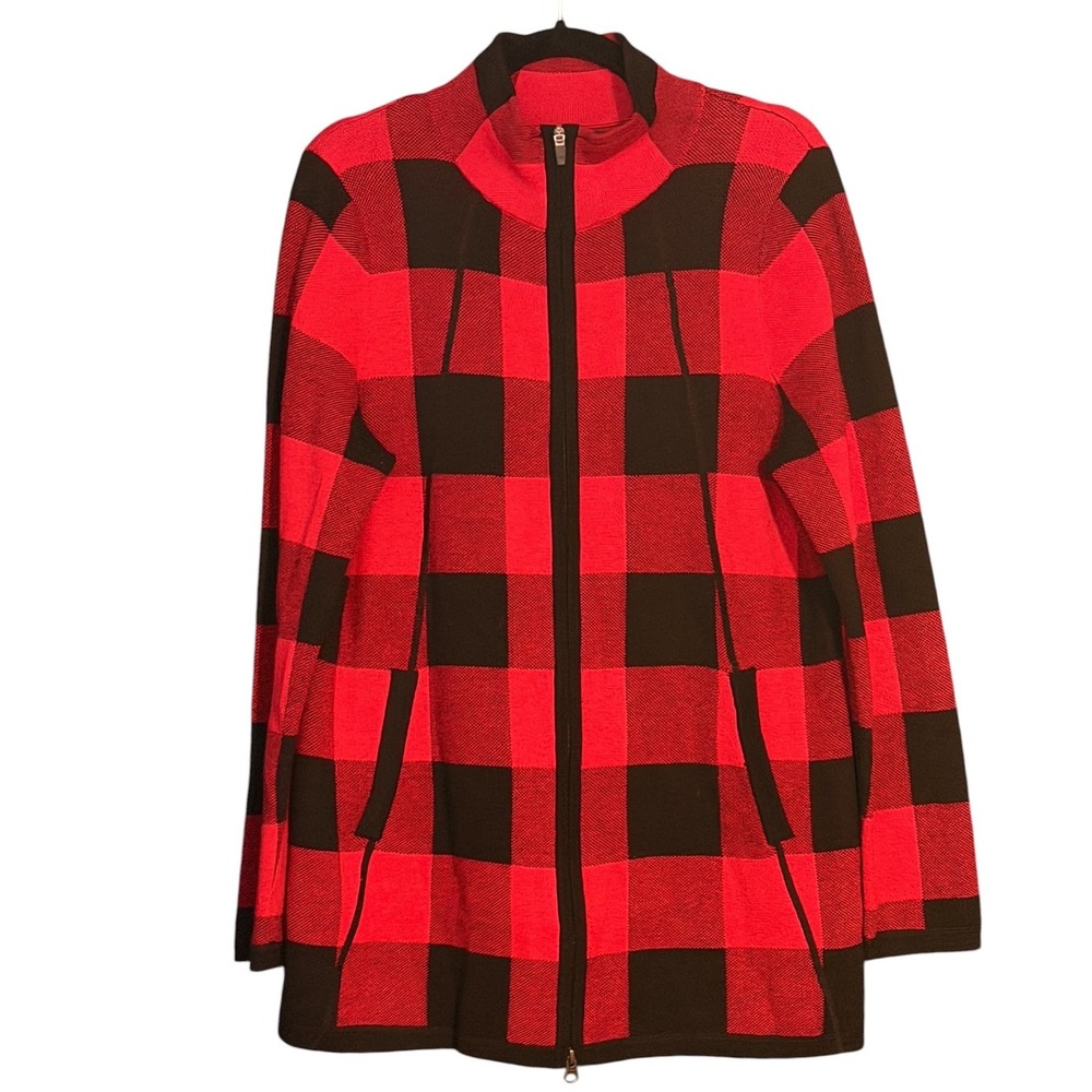 Adrienne Vittadini Cardigan Women XL Red Black Buffalo Plaid Full Zip Mock Neck